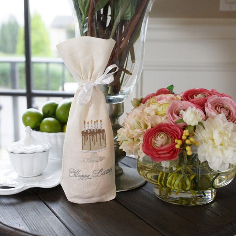 Table & Home Arte Italica Wine Bags | Happy Birthday Cake Linen Wine Bag