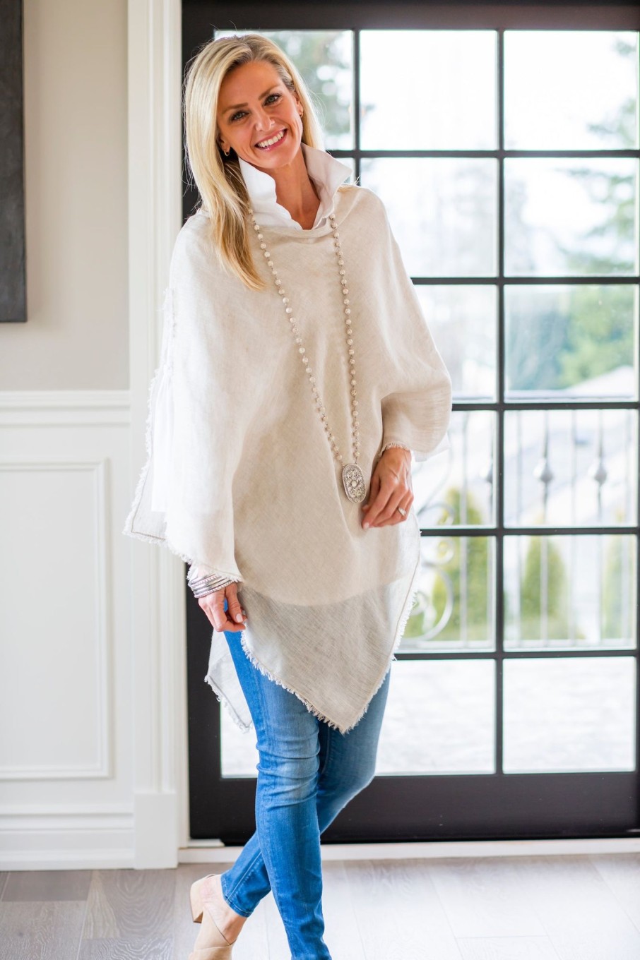 Apparel Crown Linen Designs | Juliet Linen Poncho With Fringe - Sale