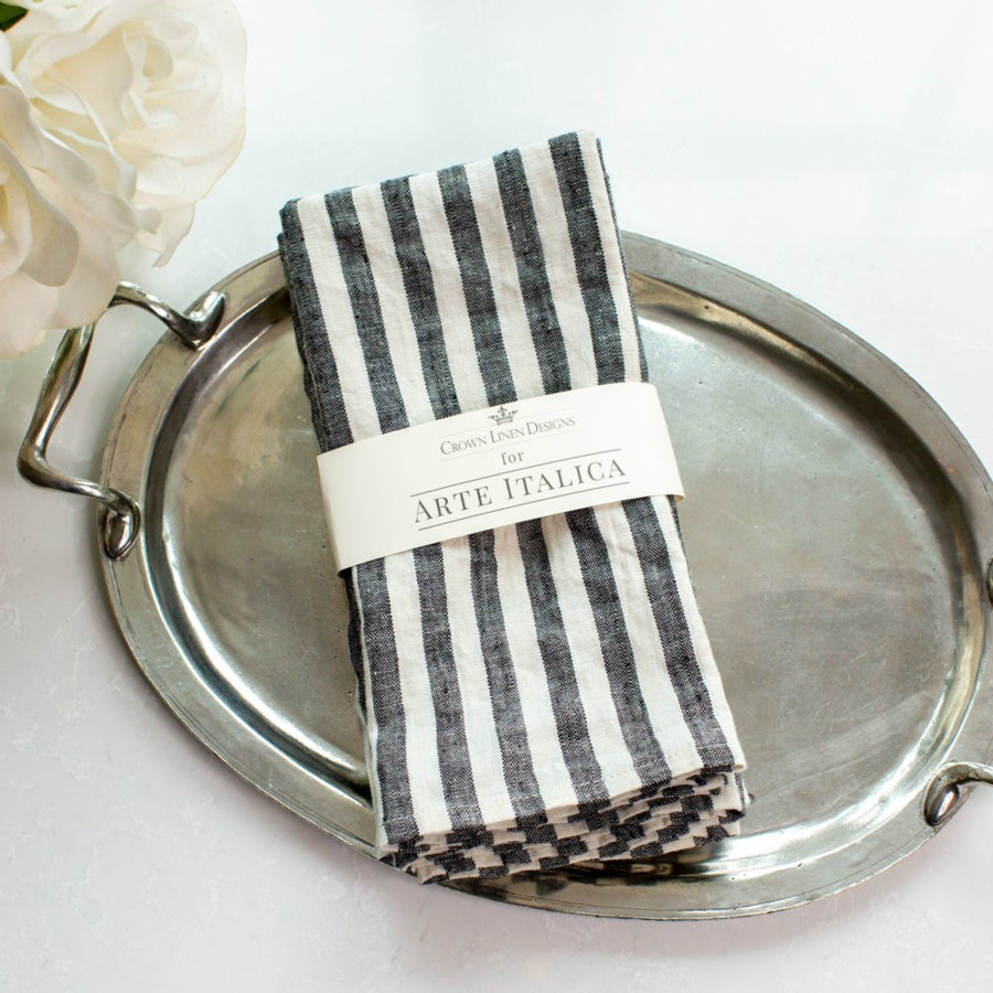 Table & Home Arte Italica Napkins | Black Stripe Washed Linen Napkin Set (4)