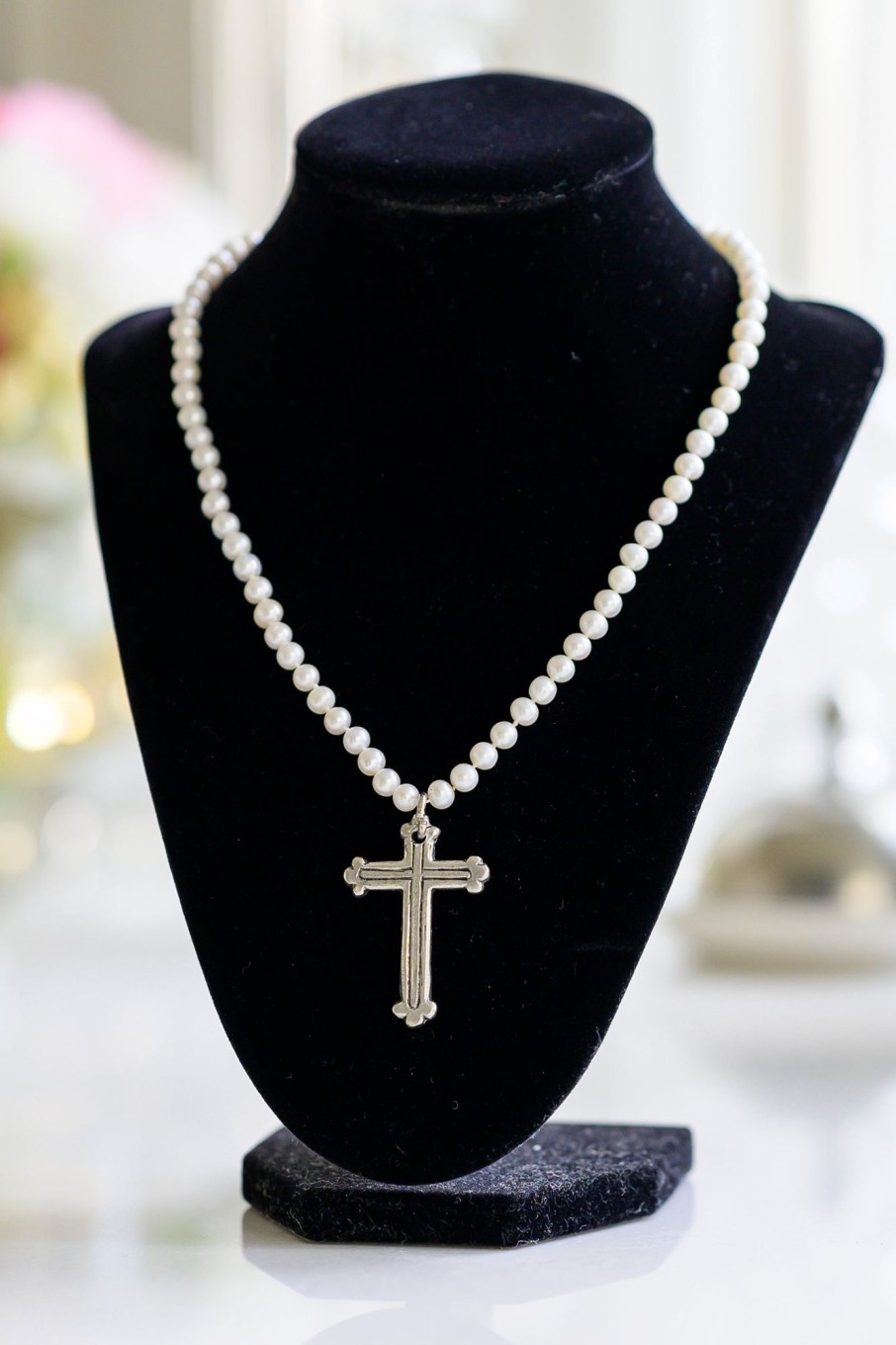 Apparel Crown Linen Designs | Pearl And Pewter Cross Necklace