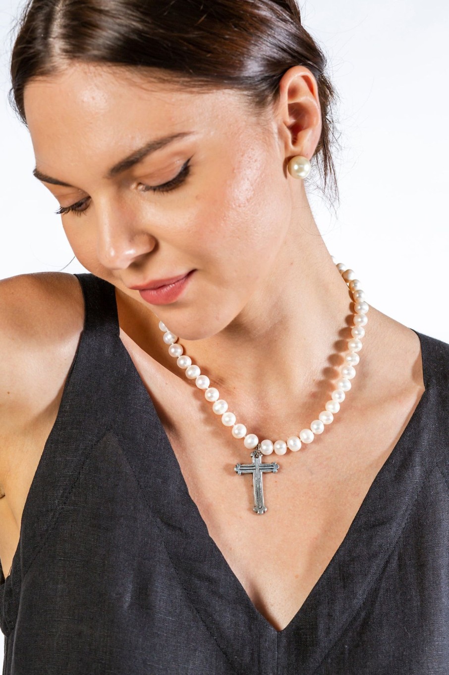 Apparel Crown Linen Designs | Pearl And Pewter Cross Necklace