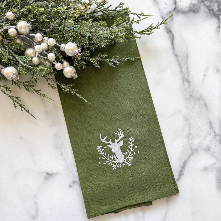 Table & Home Arte Italica Towels | Stag With Holly Berries Linen Towel