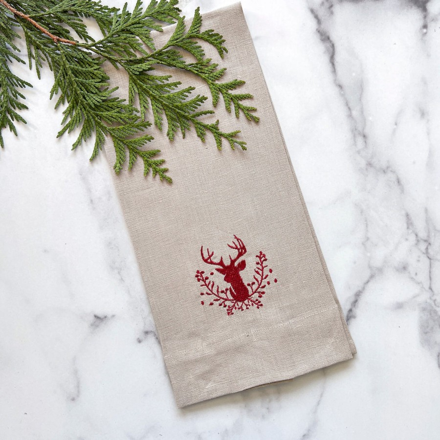 Table & Home Arte Italica Towels | Stag With Holly Berries Linen Towel