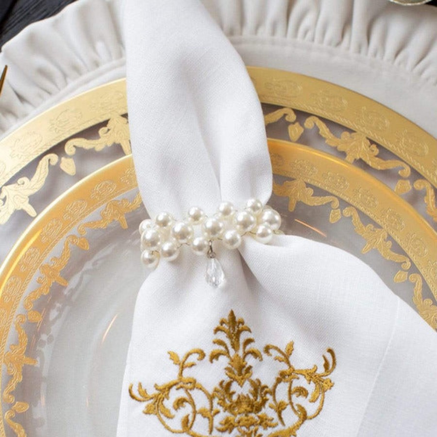 Table & Home Arte Italica All Linens | Pearl With Teardrop Napkin Ring Set (4)