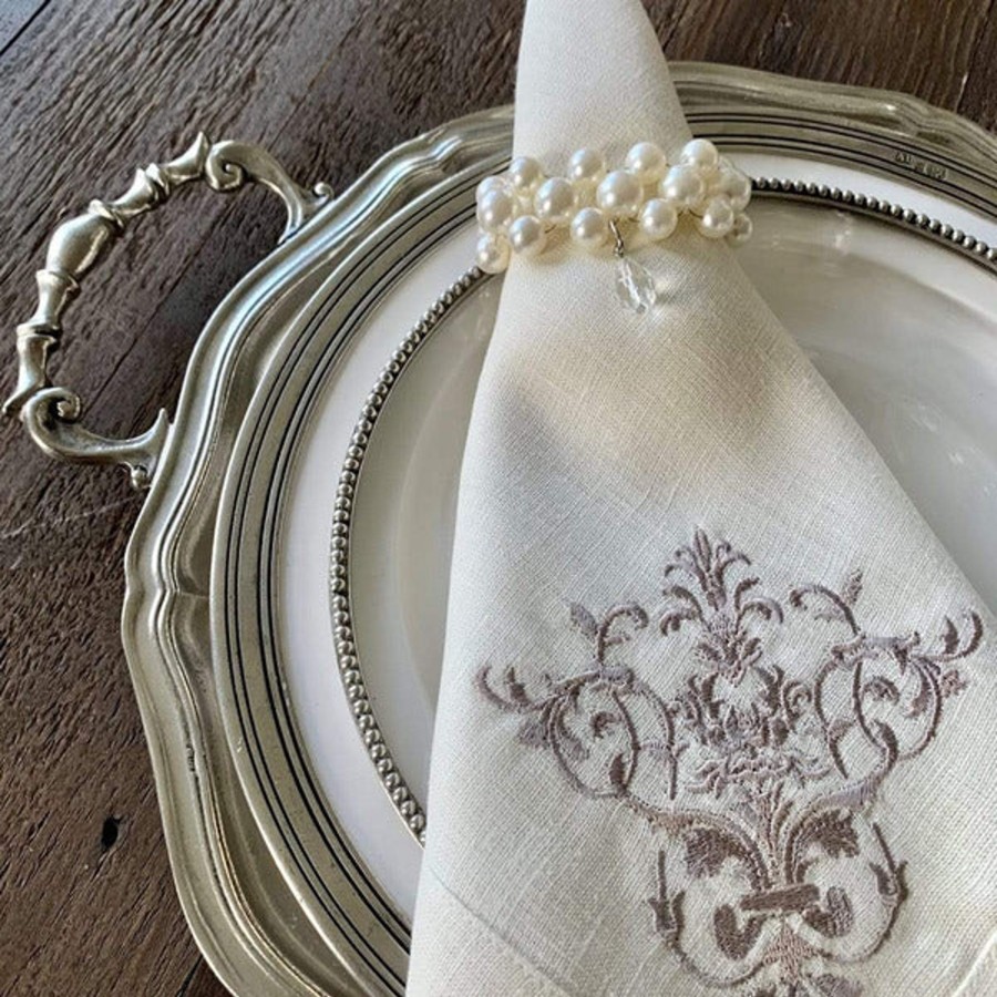 Table & Home Arte Italica All Linens | Pearl With Teardrop Napkin Ring Set (4)