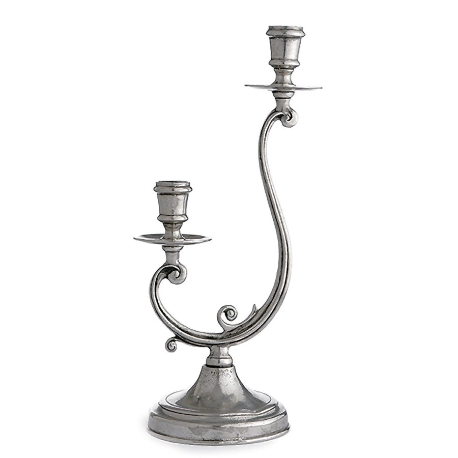 Table & Home Arte Italica Pewter | Vintage Pewter Medium 2-Arm Candleholder