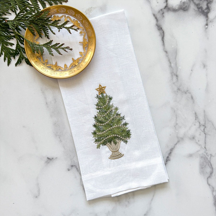 Table & Home Arte Italica Towels | Christmas Tree With Gold Trim Linen Towel