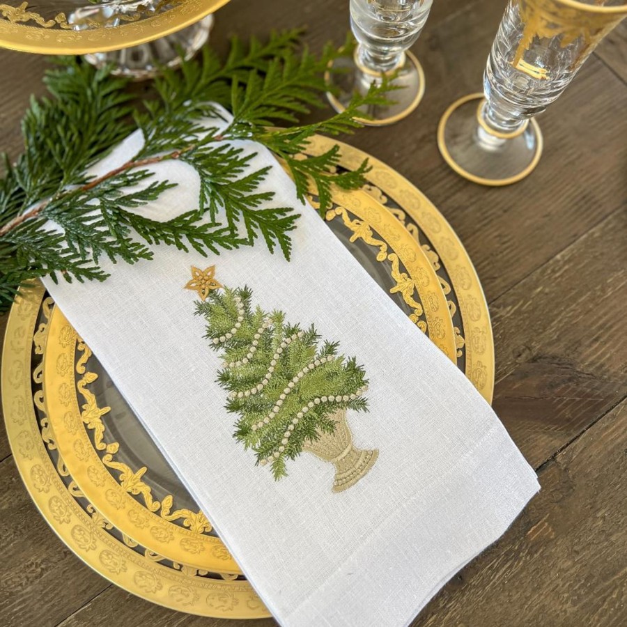 Table & Home Arte Italica Towels | Christmas Tree With Gold Trim Linen Towel