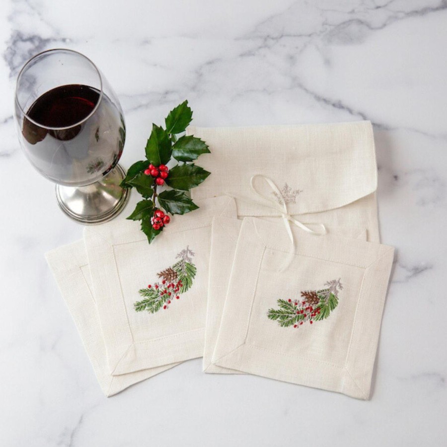 Table & Home Arte Italica Napkins | Natale Sprig Cream Cocktail Napkin Set