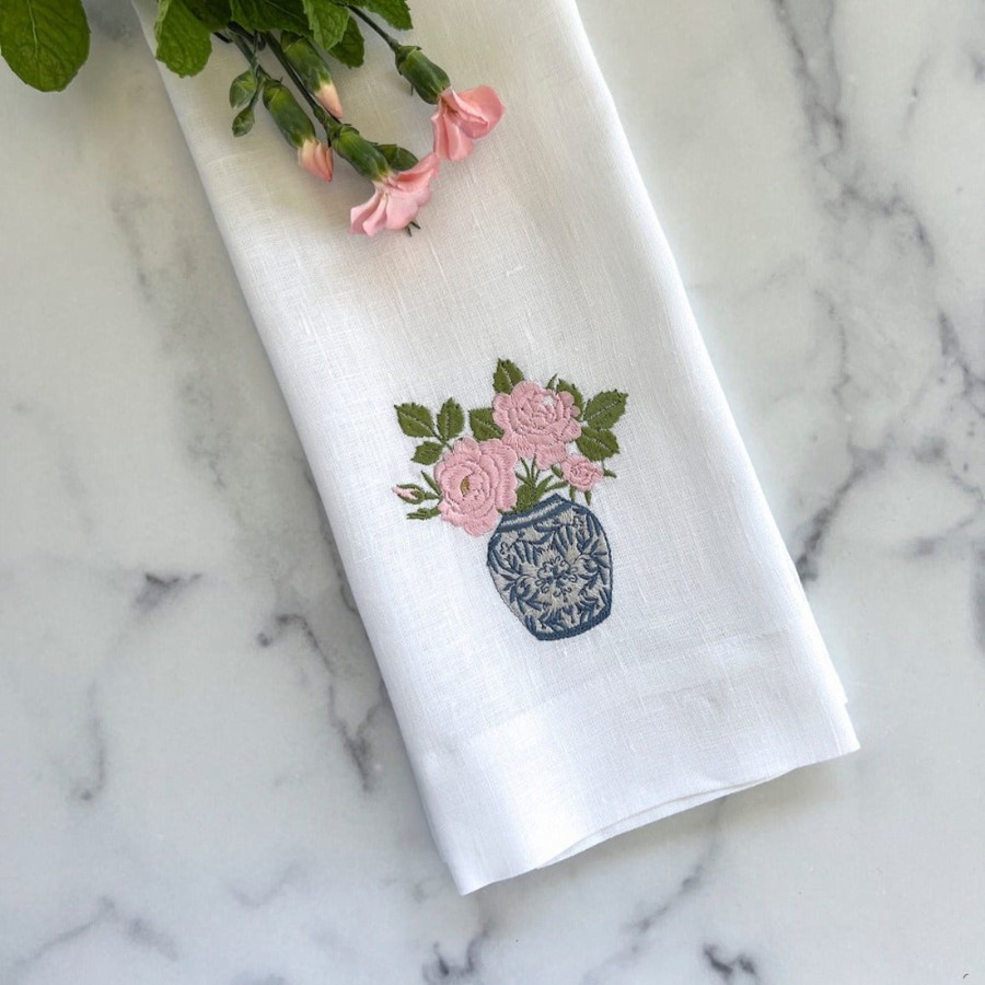 Table & Home Arte Italica Towels | Chinoiserie Jar With Roses Linen Towel