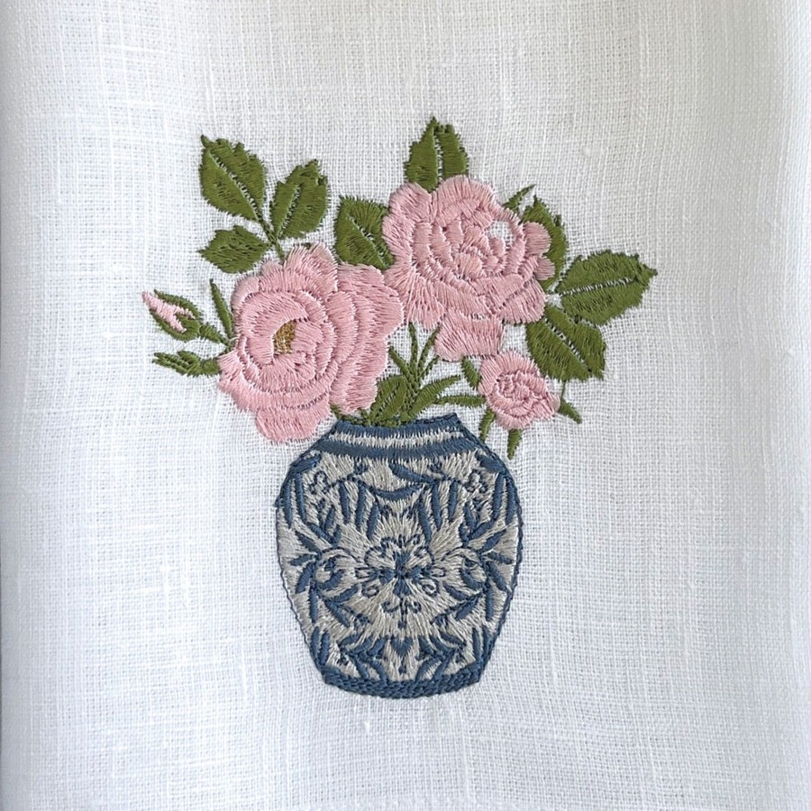 Table & Home Arte Italica Towels | Chinoiserie Jar With Roses Linen Towel