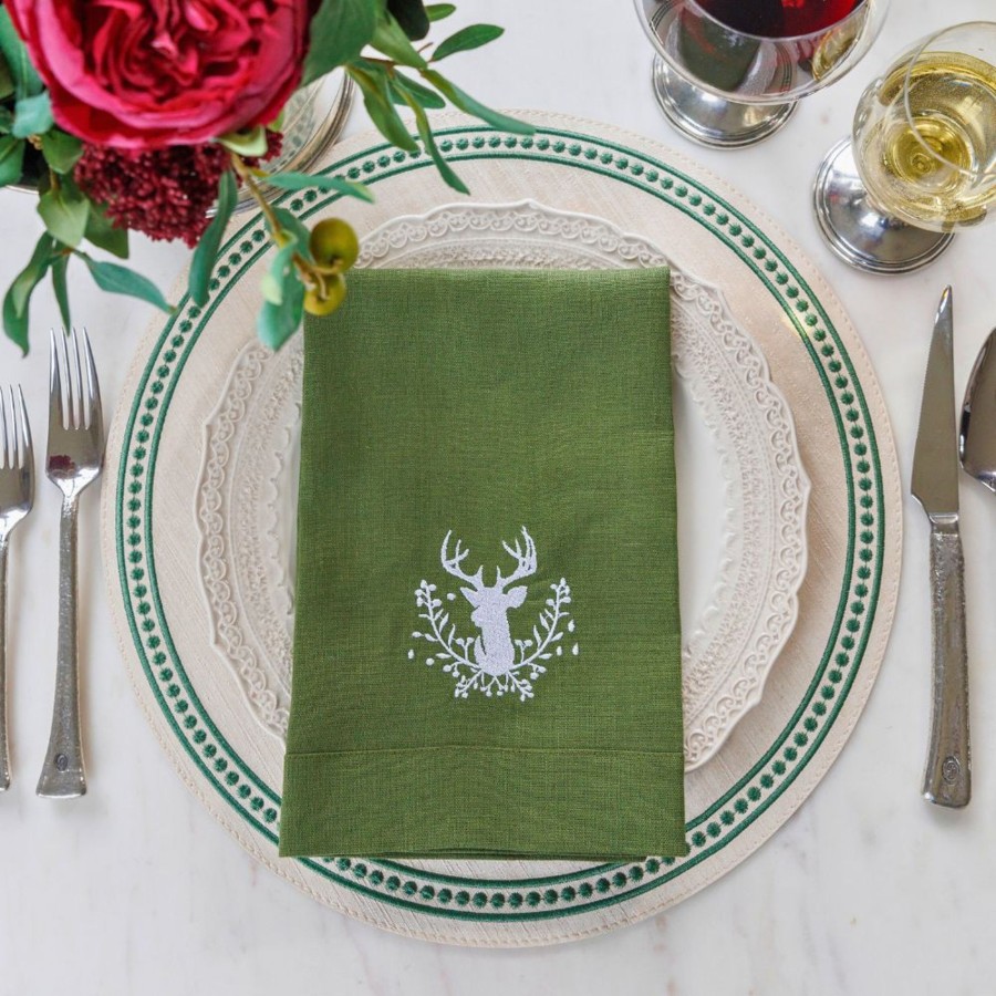 Table & Home Arte Italica Napkins | Stag With Holly Berries Linen Tri-Fold Napkin