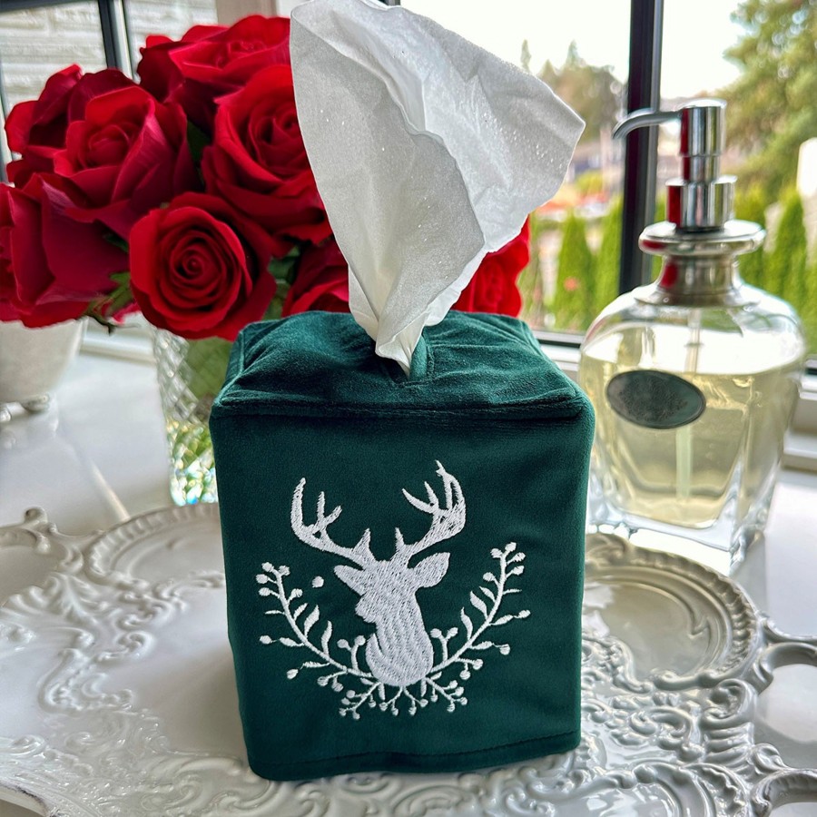 Table & Home Arte Italica All Linens | Stag With Holly Berries Velvet Tissue Box Cover