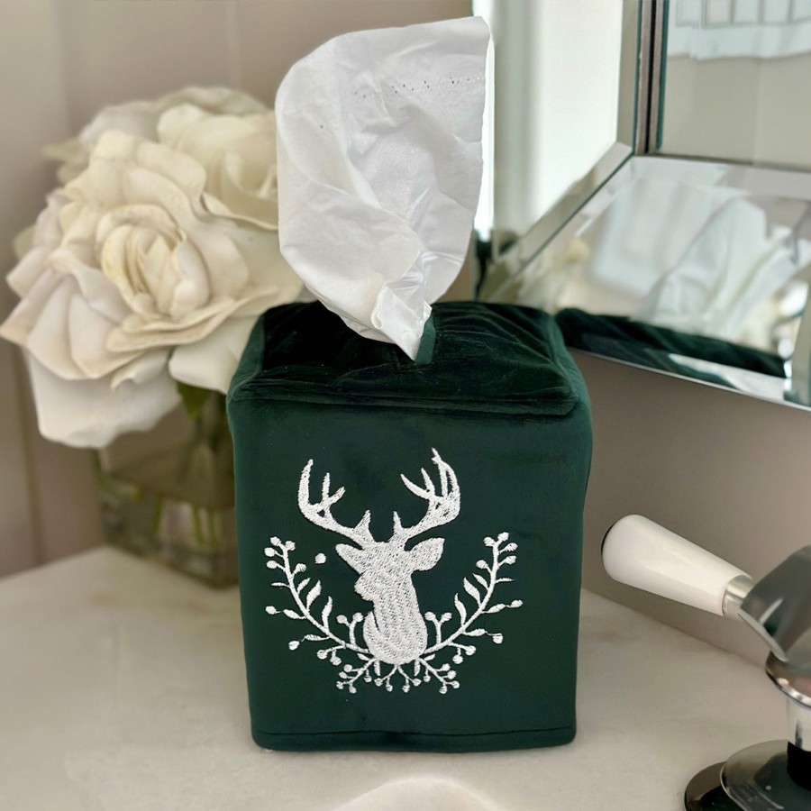 Table & Home Arte Italica All Linens | Stag With Holly Berries Velvet Tissue Box Cover