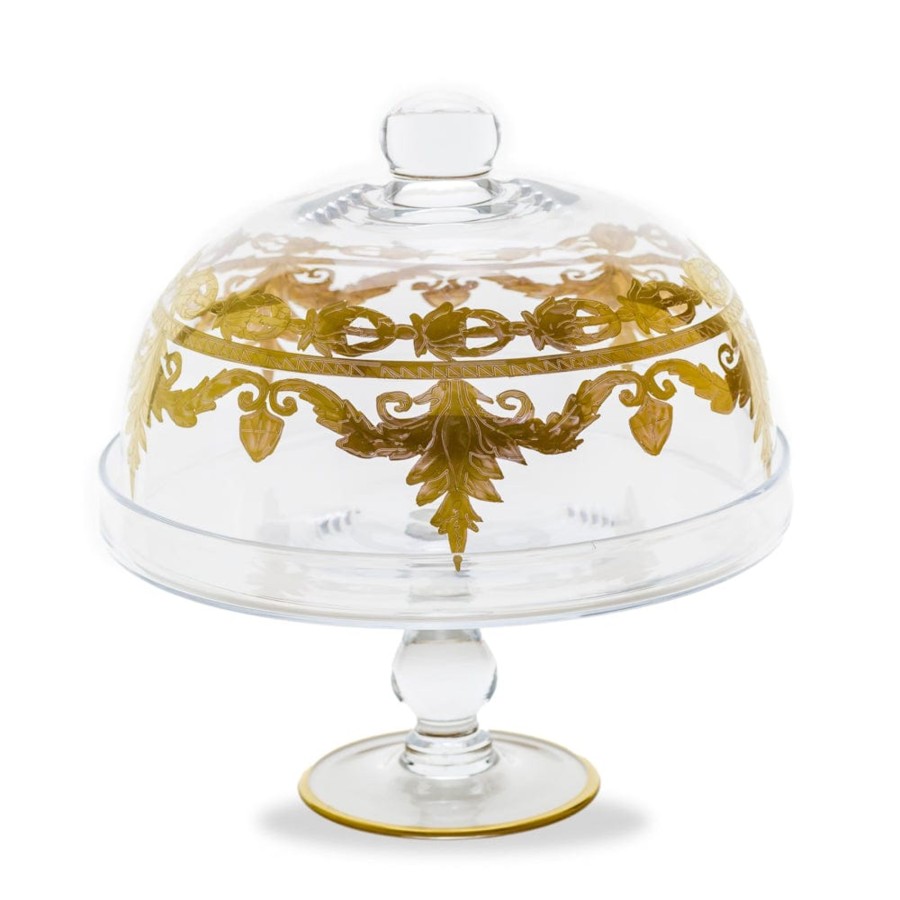 Table & Home Arte Italica All Serveware | Vetro Gold Cake Stand With Dome